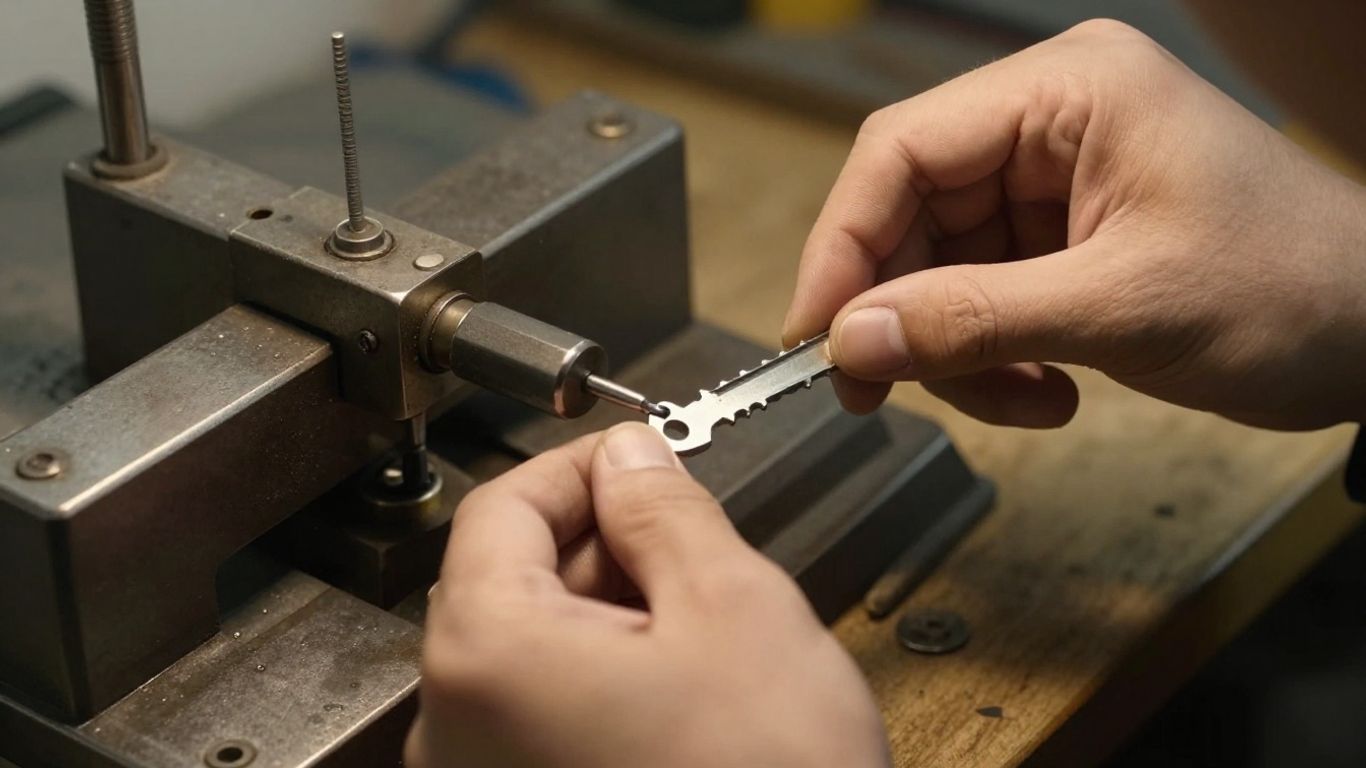 Professional locksmith cutting a modern vehicle key