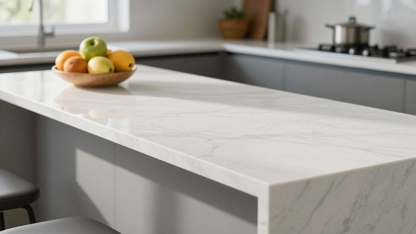 Modern kitchen with white quartz countertops and fruit bowl.