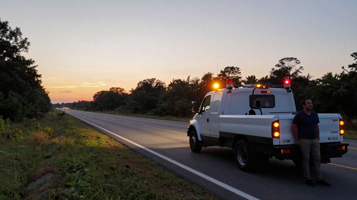 Tow truck on highway at sunset
