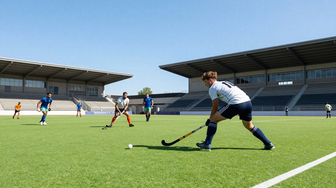 Hockey players on a green field with modern stadium seating.