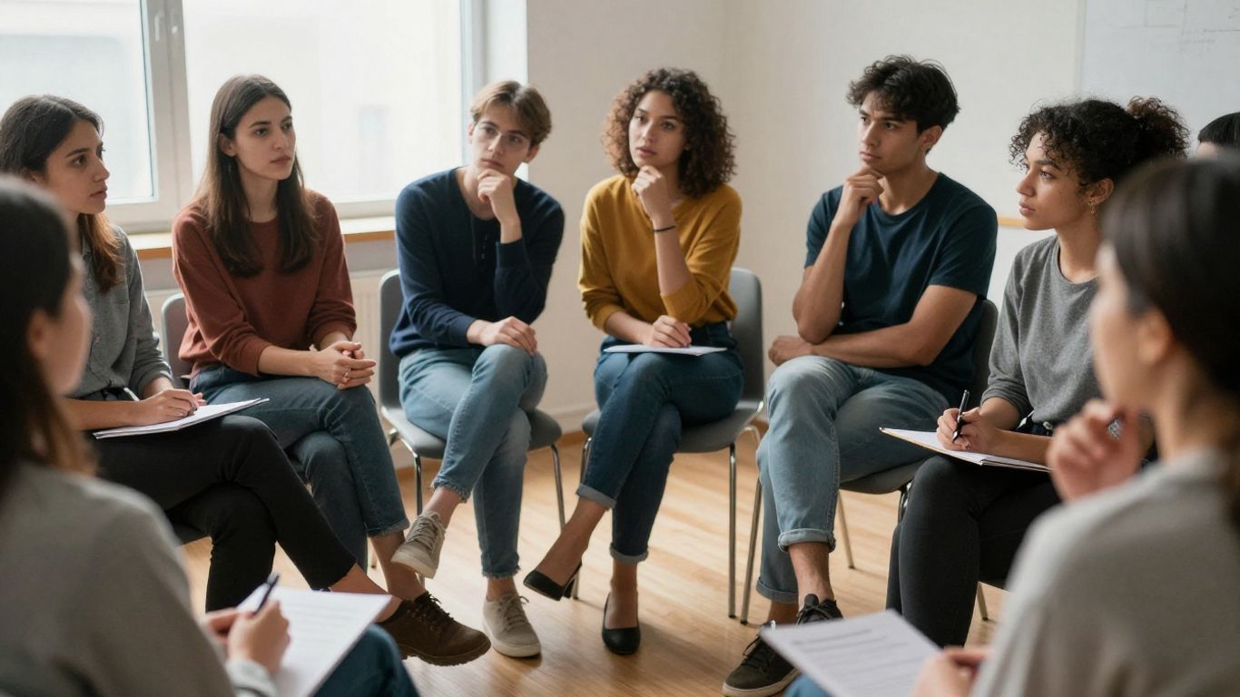 Oameni discutând, lumină naturală, concentrare.