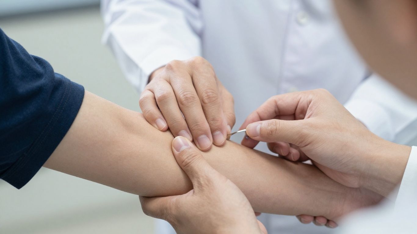 Medical hands examining a patient's arm.