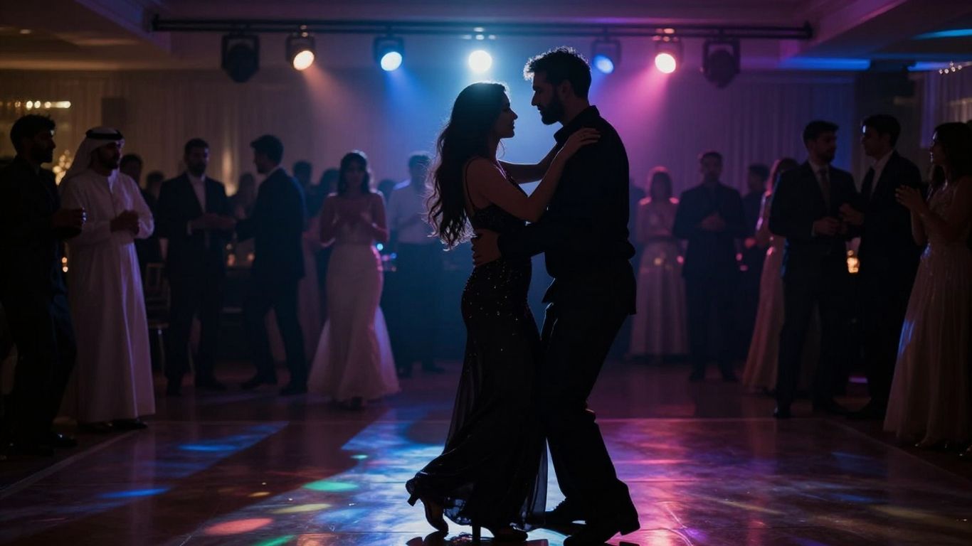 Wedding couple dancing under disco lights at reception.