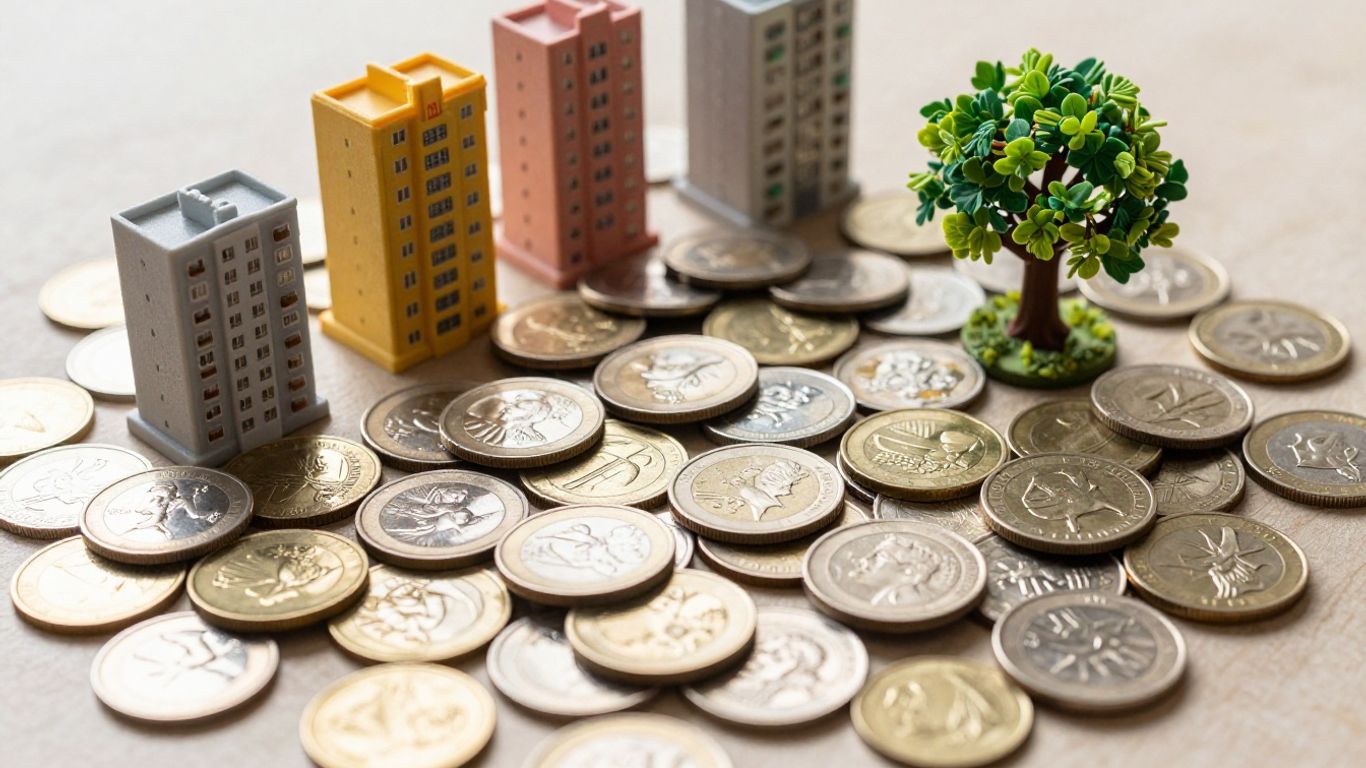 Coins, apartment buildings, and a tree symbolizing investment growth.