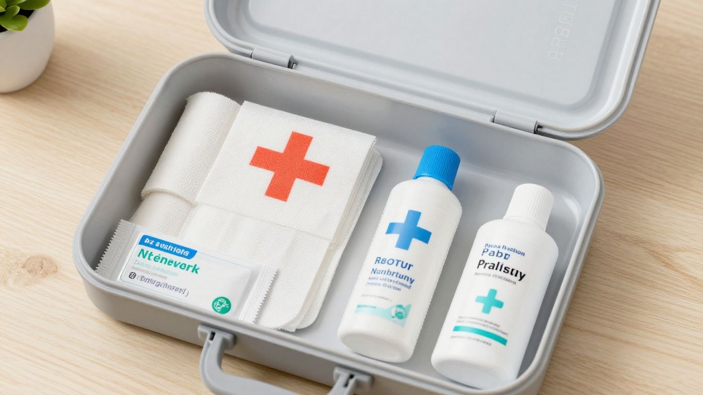 Minimalist baby first aid kit with essential supplies.