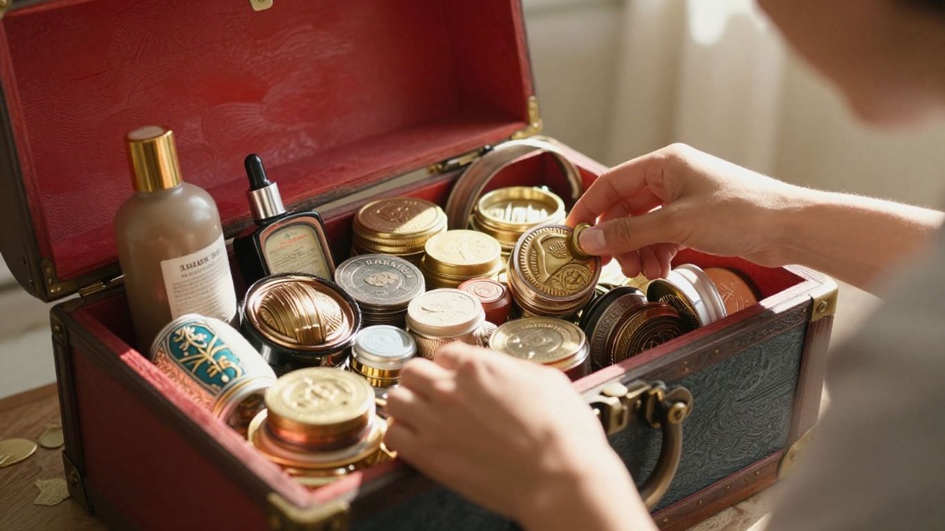Treasure chest overflowing with diverse items, sunlight illuminating riches.