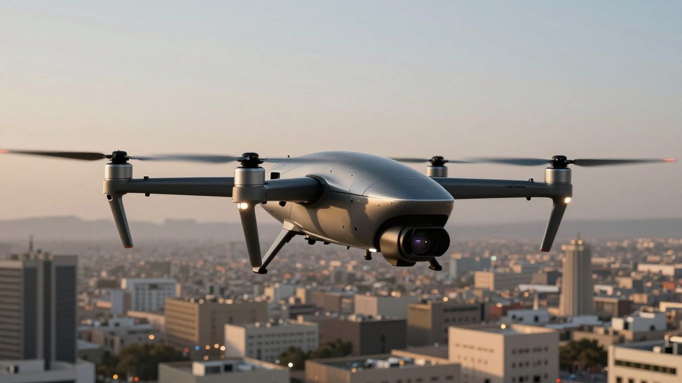 Drone interceptor poised for action over a city.