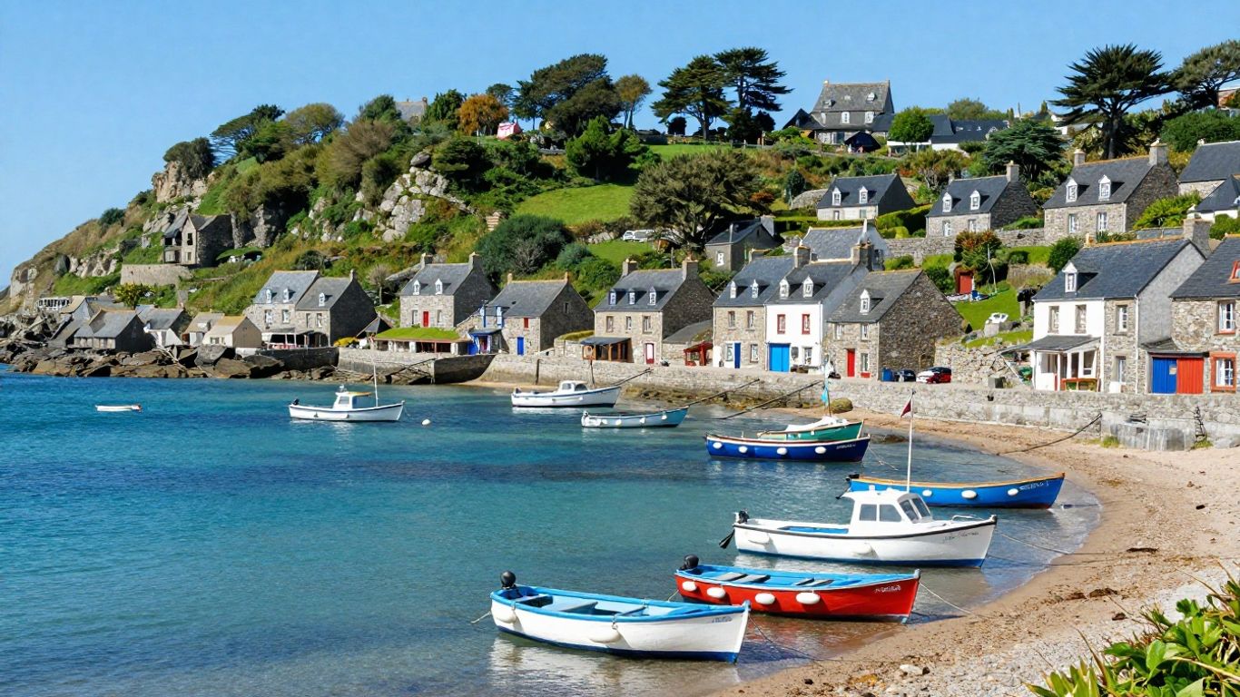 Brittany coast with colorful boats and stone houses.