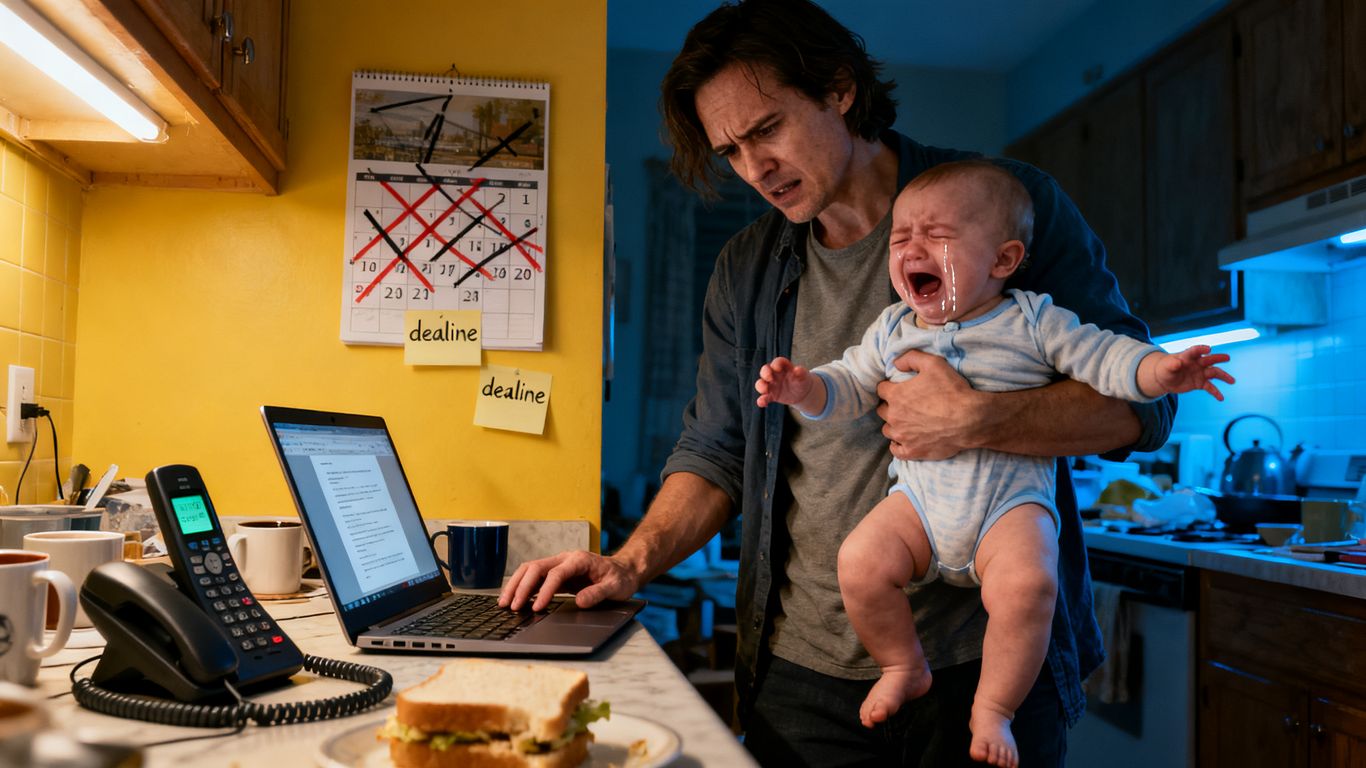 Parent juggling work, baby, and phone with calendar.