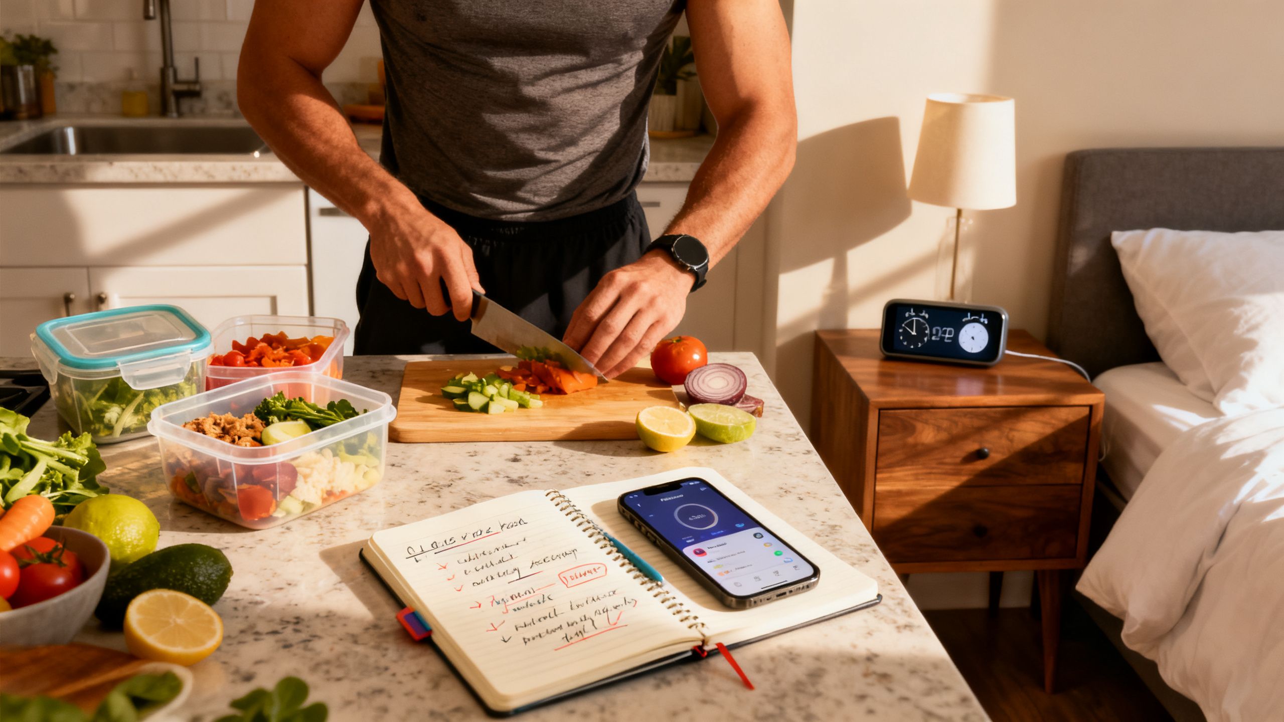 Athlete meal prepping, setting alarm clock for sleep, and recording workout recovery