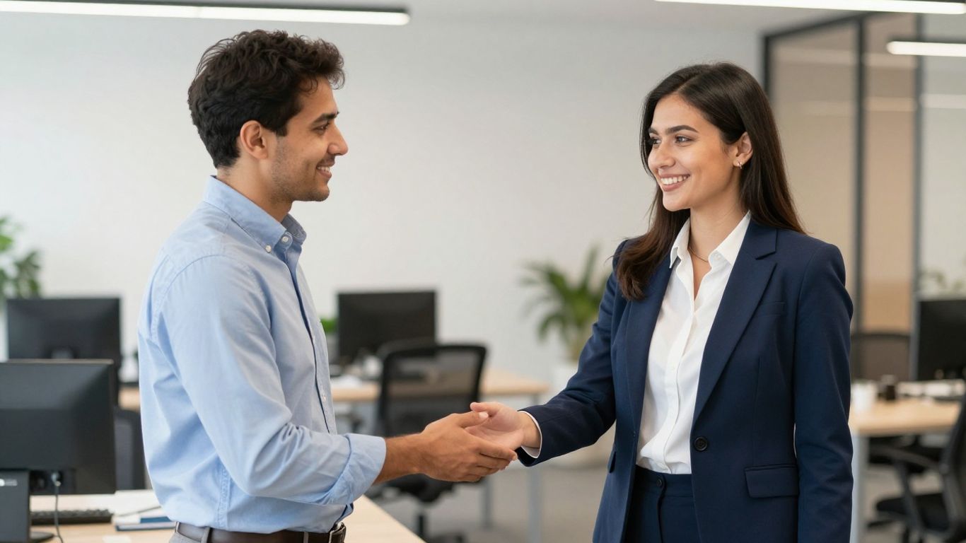 Manager begrüßt neuen Mitarbeiter im Büro.