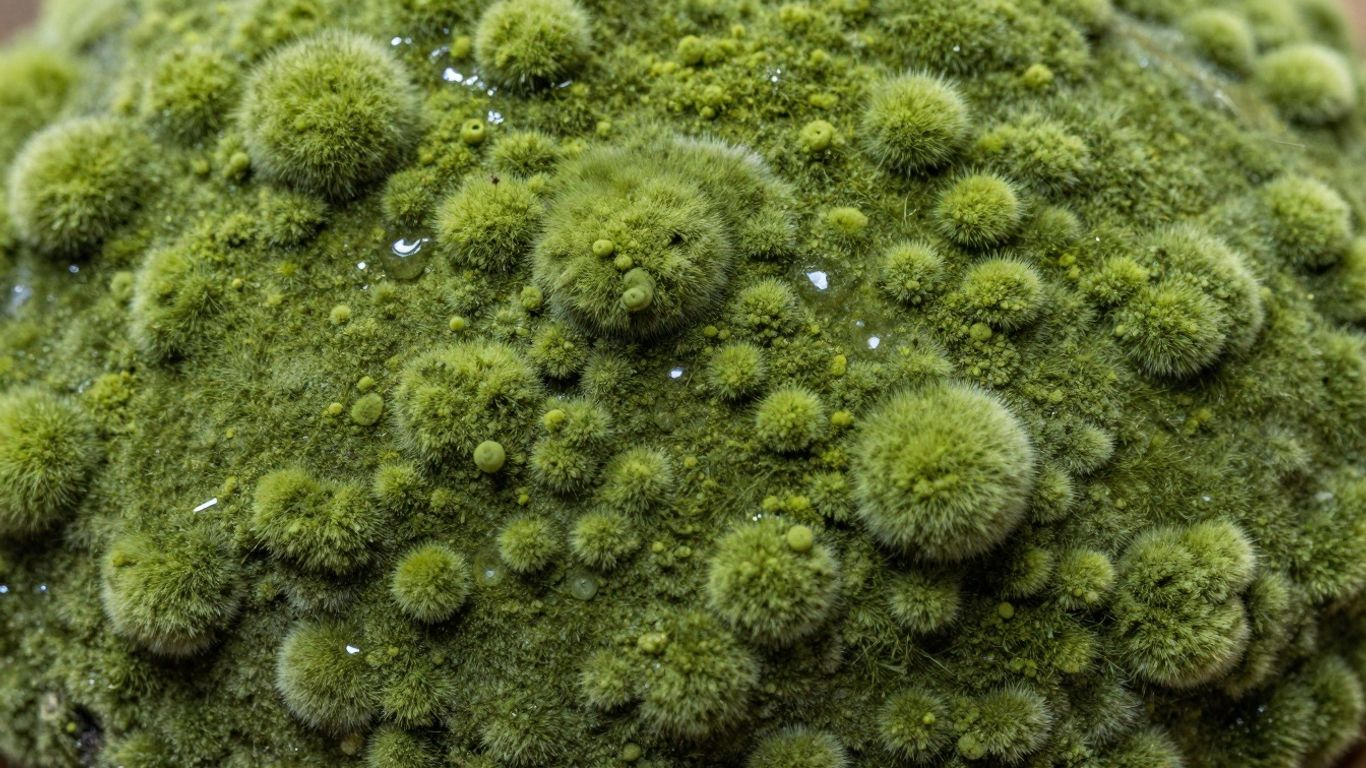 Close-up of green mold growth on a surface.