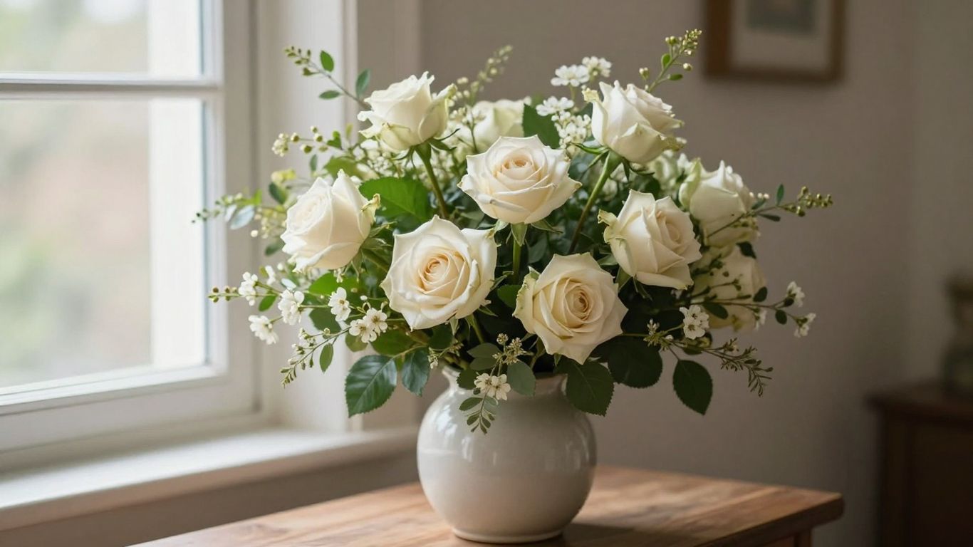 A modest farewell bouquet arranged beside a sunlit window