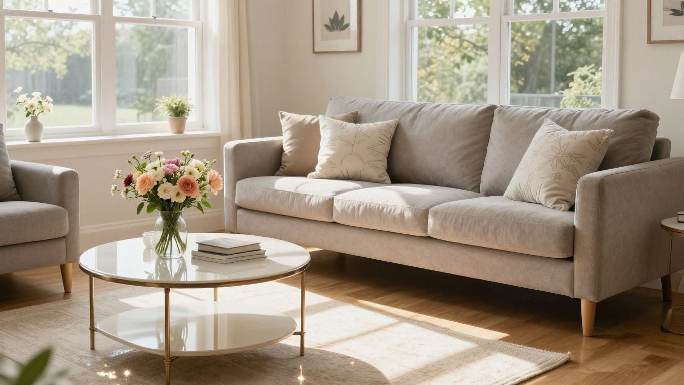 Sparkling clean living room with sunlight and fresh flowers.