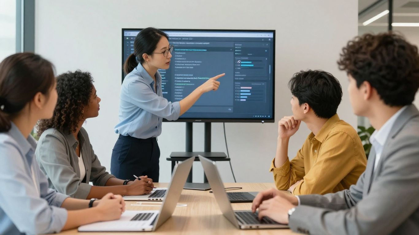Team of SEO experts collaborating in an office.