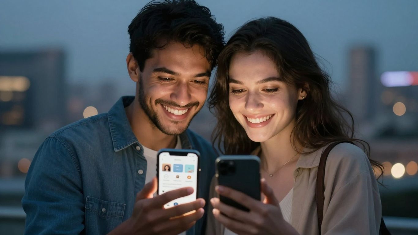 Casal sorrindo usando aplicativo de relacionamento no celular.