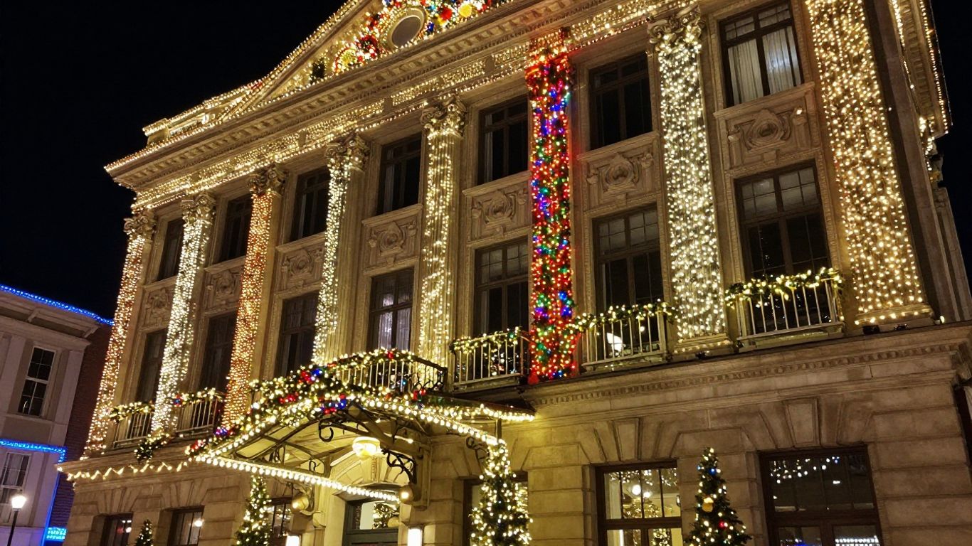 Commercial building decorated with colorful Christmas lights.