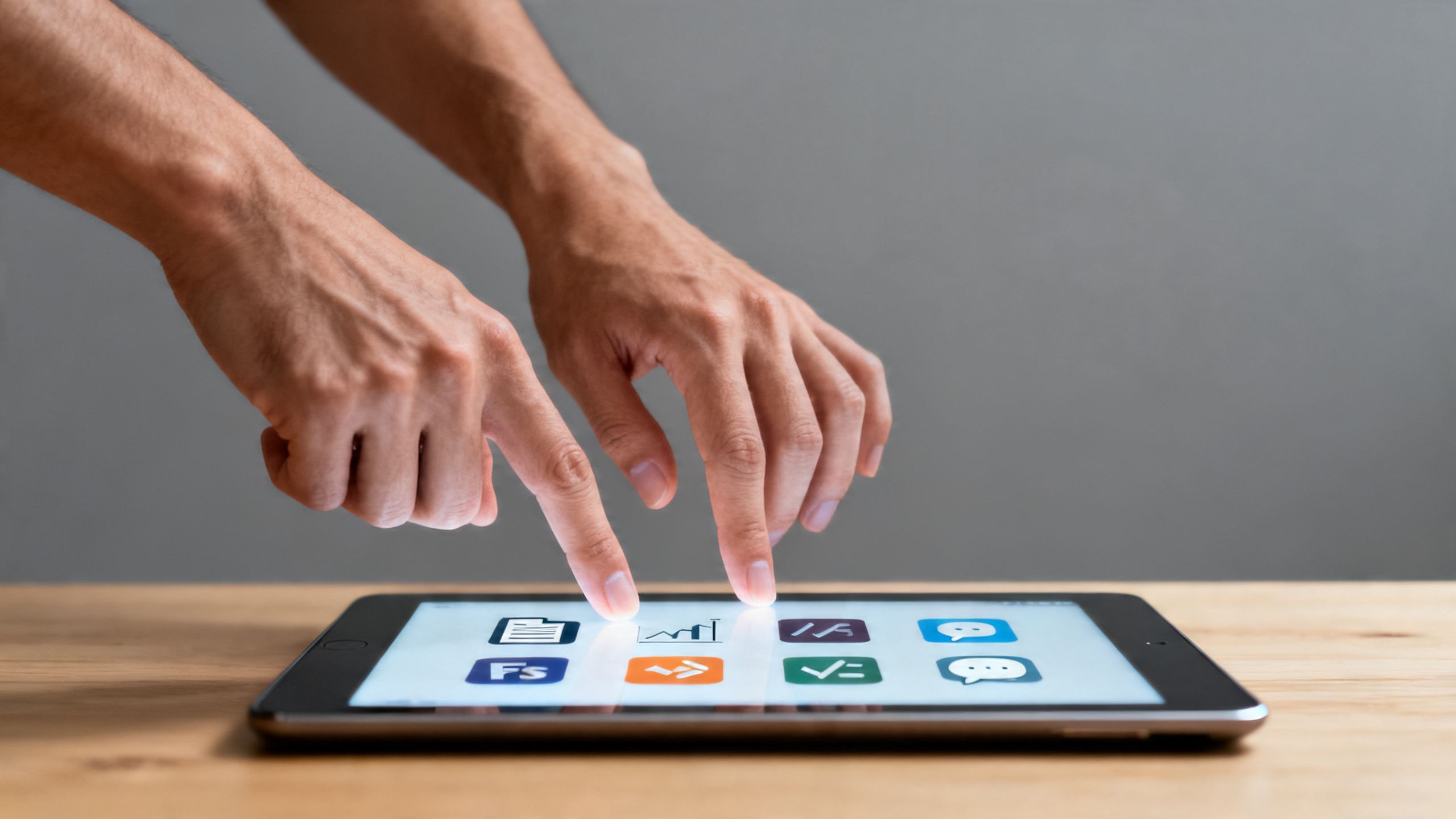 A person's hands pointing at a tablet screen displaying various software logos, symbolizing the tool selection process