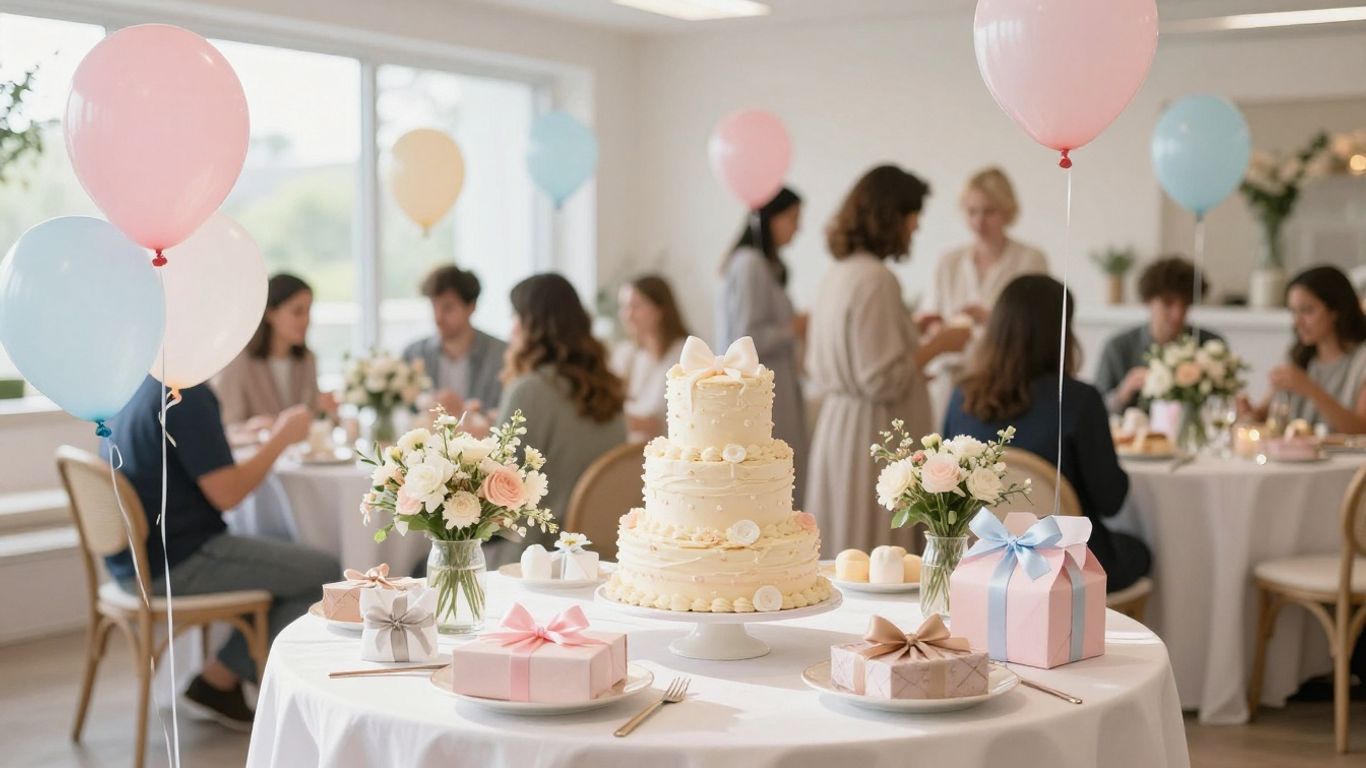 Elegant Dallas baby shower venue with decorations and cake.