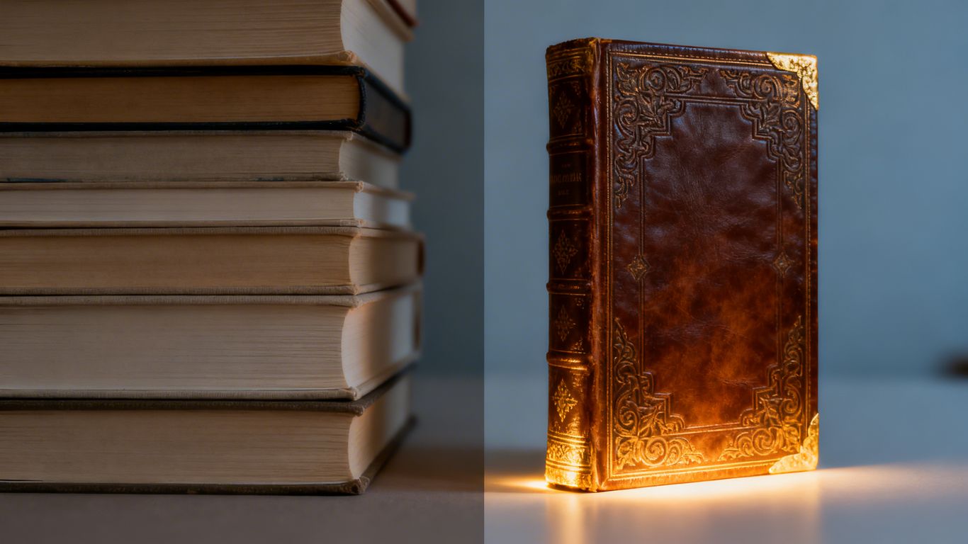 Comparing ordinary books to a glowing, ornate book.