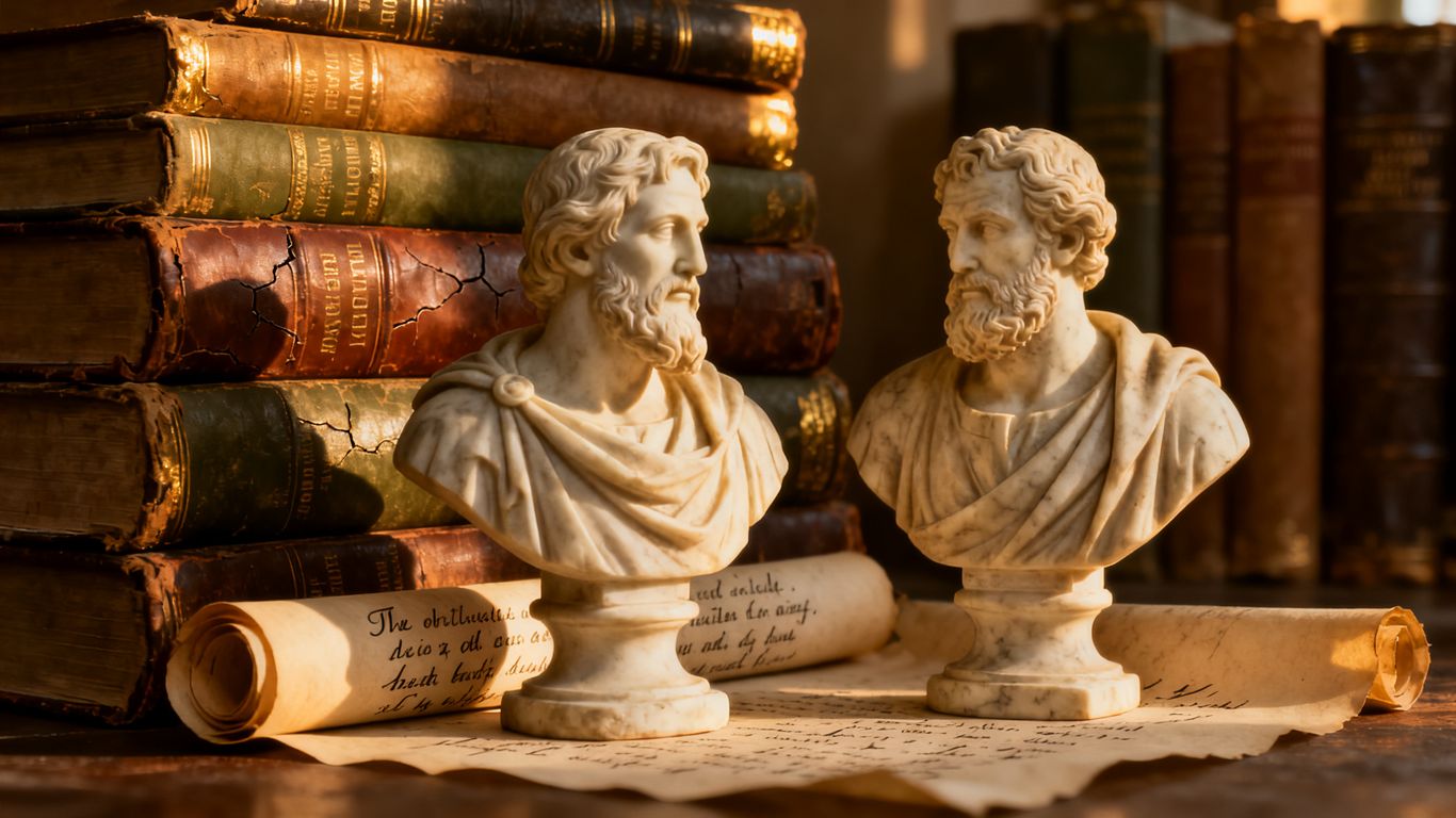Busts of famous philosophers and stacks of old books.