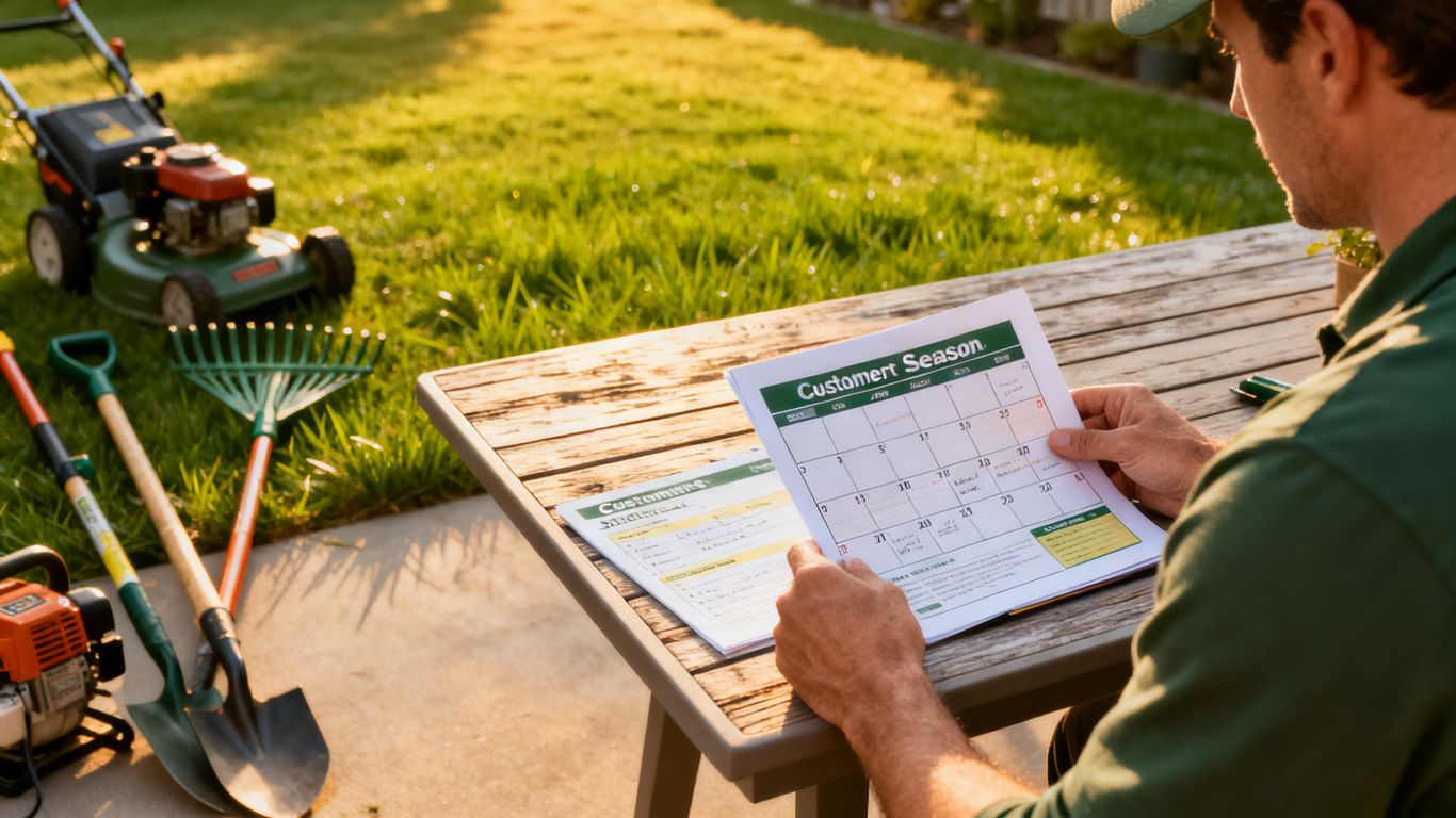 Lawn care renewal planning beside a seasonal calendar