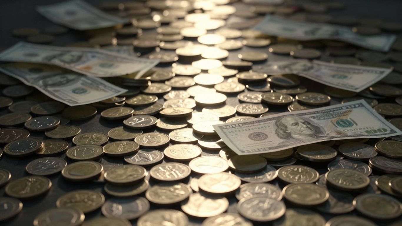 Camino ascendente entre monedas y billetes cayendo.