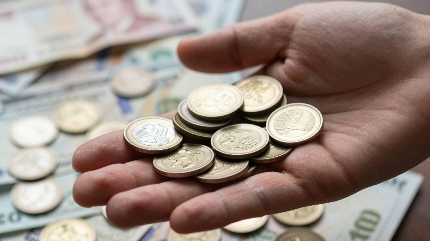 Main d'une personne tenant des pièces et des billets de banque.