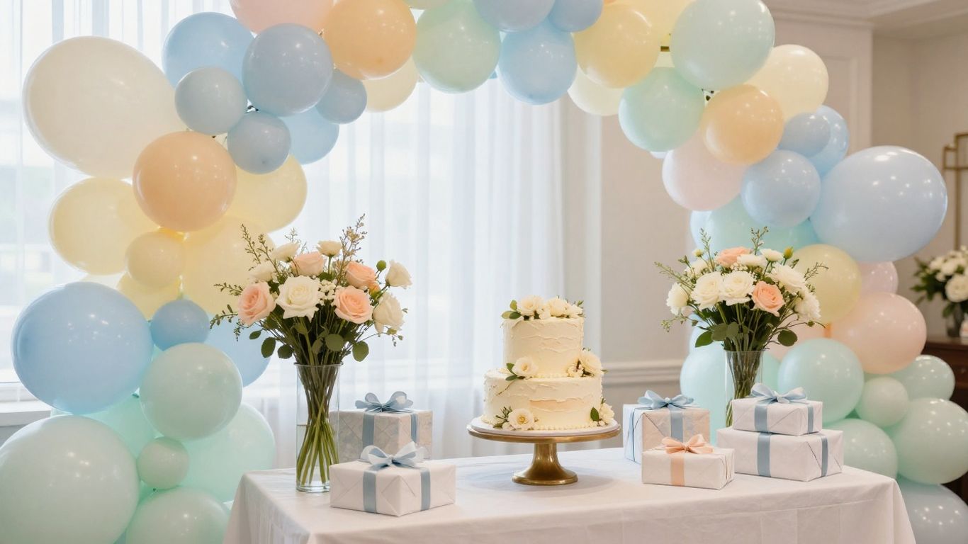 Elegant Dallas baby shower venue with balloons and cake.
