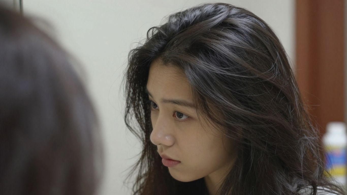 Person examining hair in mirror, supplement bottle visible.