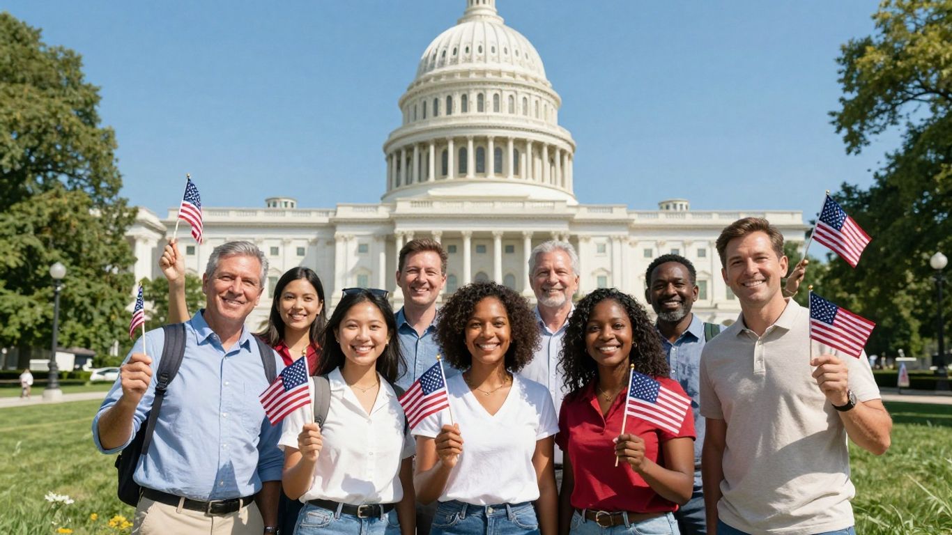 Happy immigrants with American flags in front of Capitol