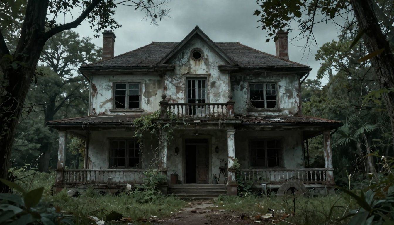 Casa abandonada e sombria com pistas misteriosas para um jogo de escape horror