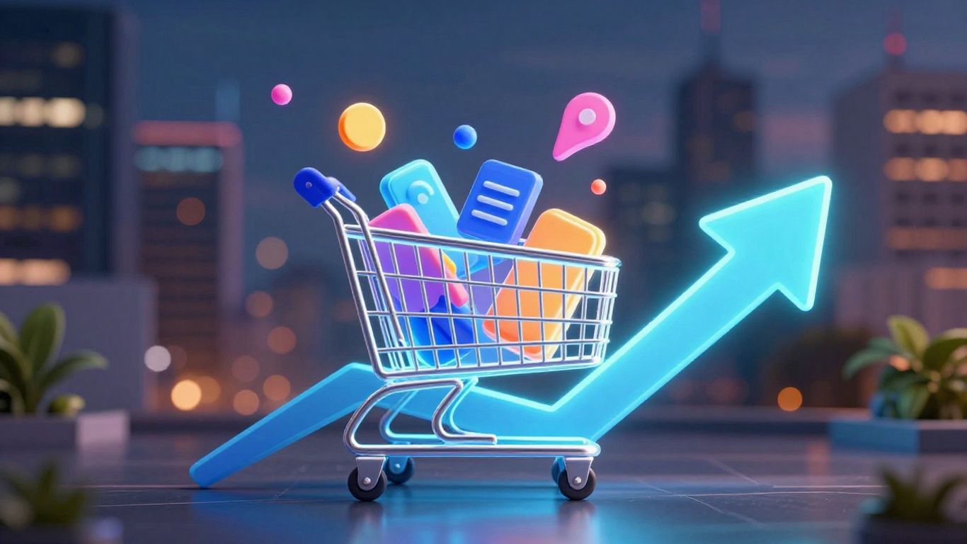 Carrinho de compras subindo seta de crescimento em fundo de cidade.