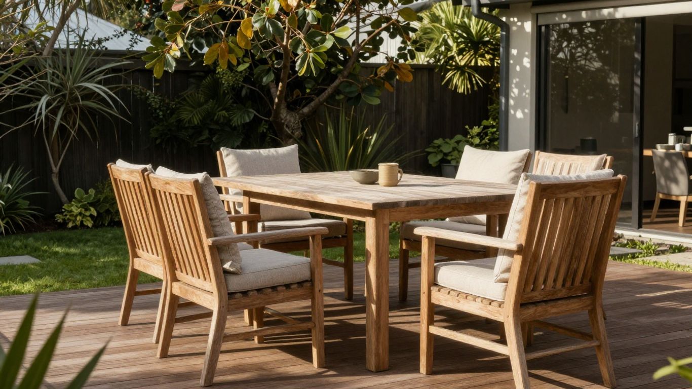 Outdoor dining setting on a sunny timber deck