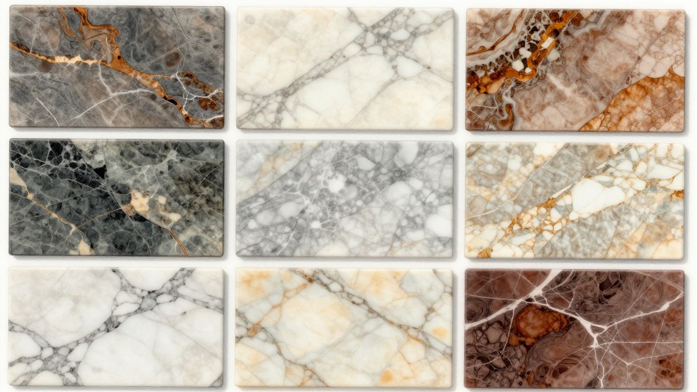 Sketch of diverse marble slabs with unique veining.