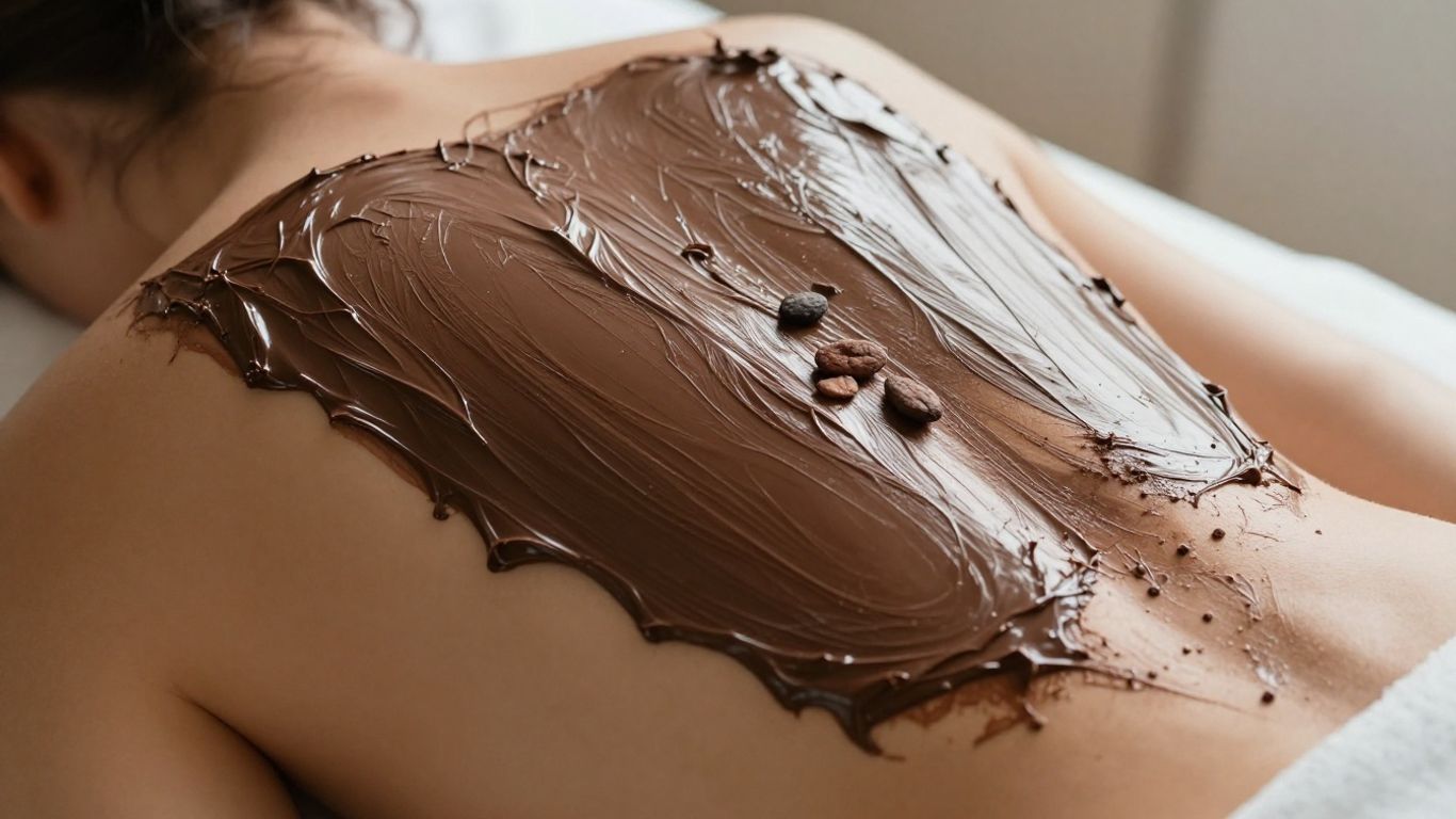 Person receiving a chocolate exfoliation treatment at a cacao farm.