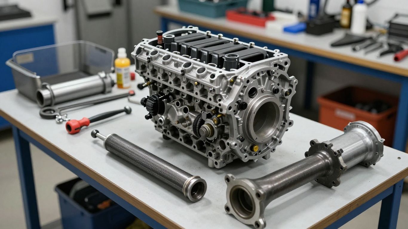 Volkswagen engine and gearbox parts in a workshop.
