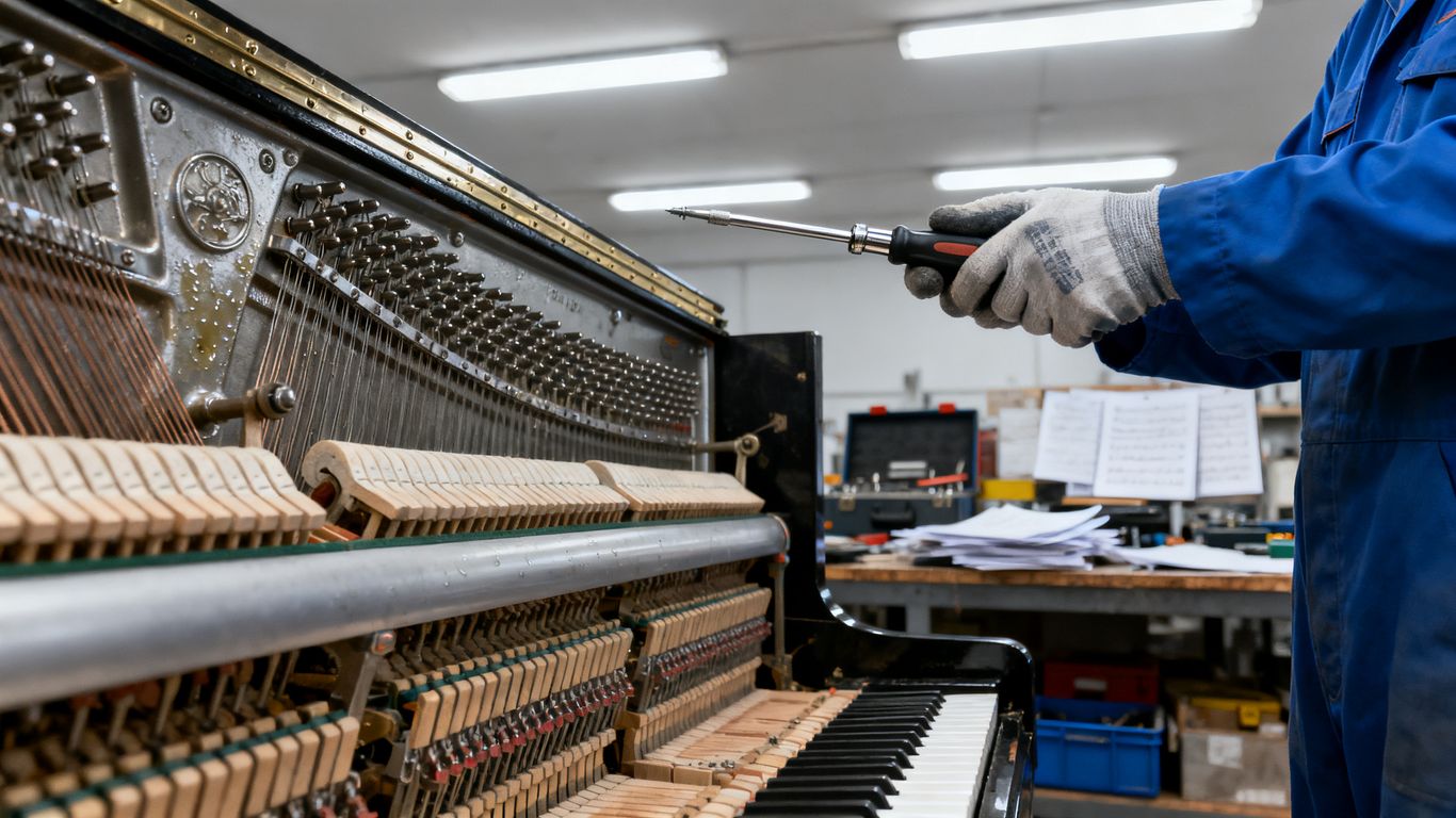 A technician installing a system inside a piano cabinet