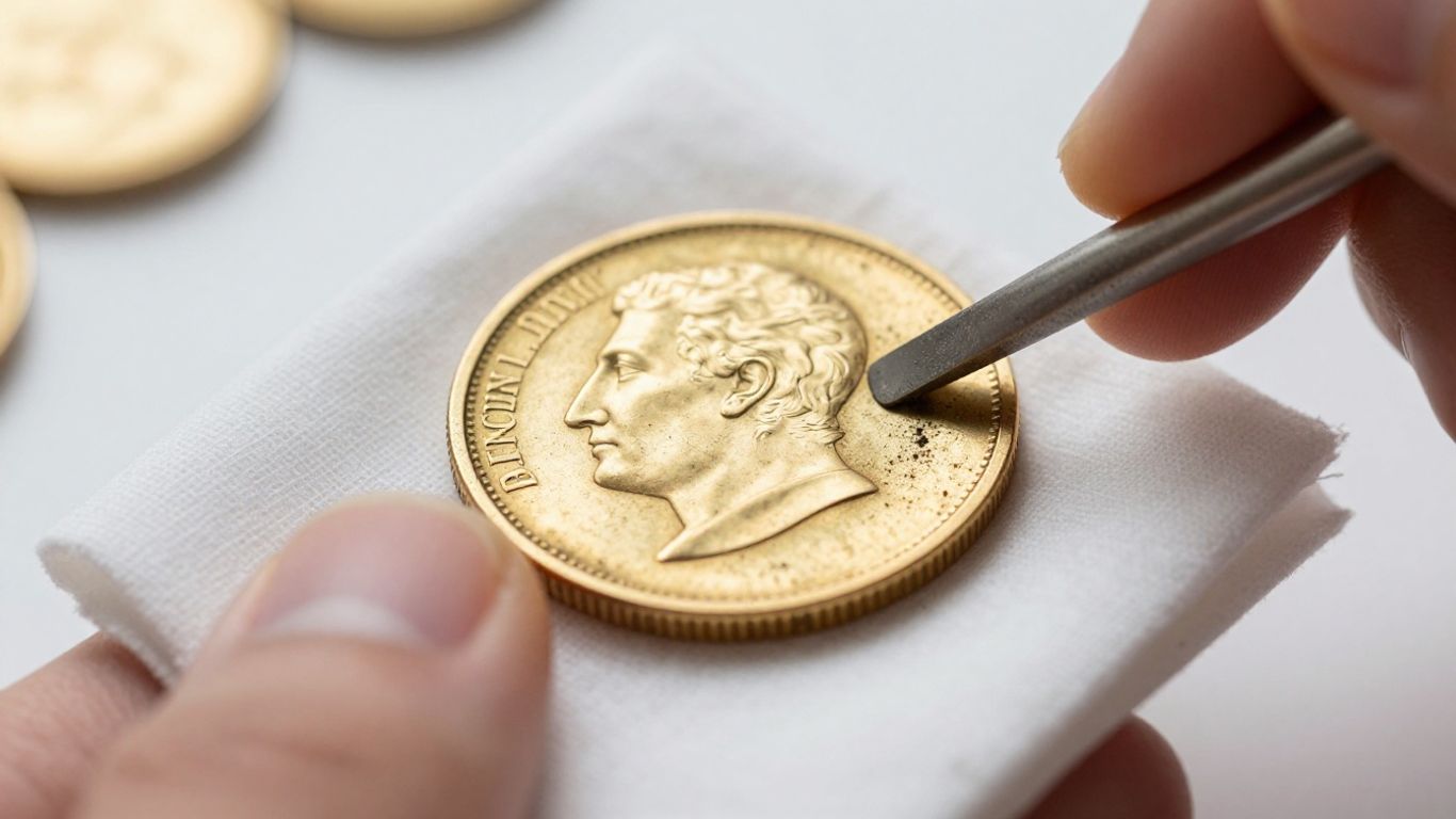 De hand van iemand die een oude gouden munt schoonmaakt.