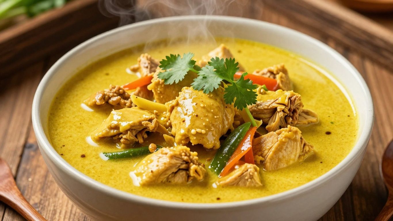 Bowl of chicken curry with vegetables and cilantro