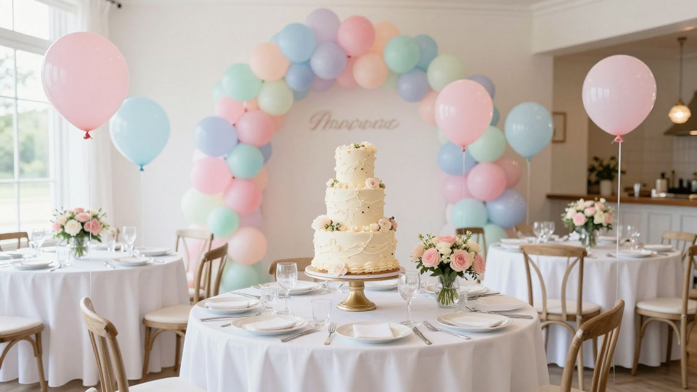 Elegant baby shower venue with balloons, flowers, and cake.