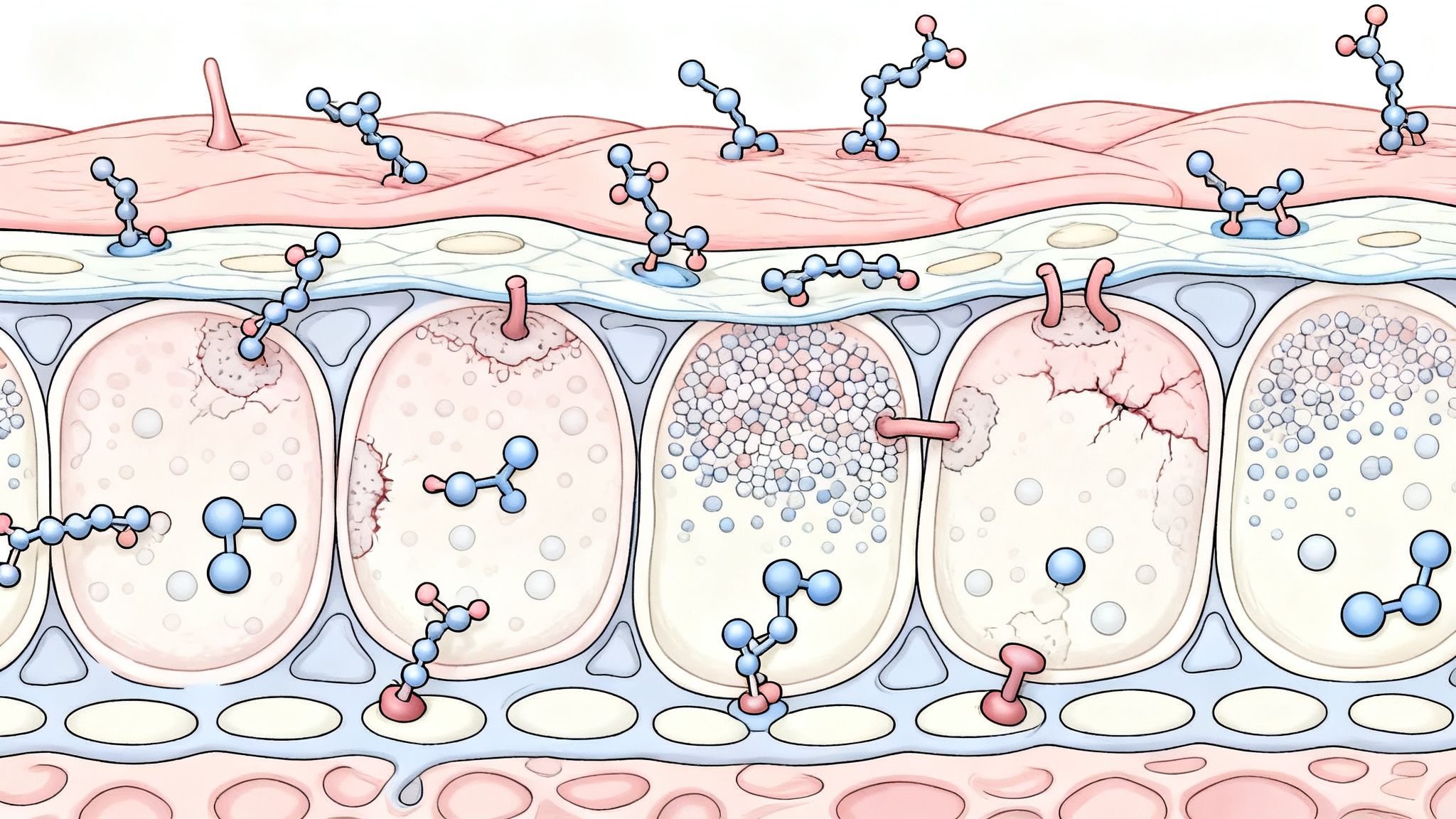 A microscopic view of skin cells being repaired and strengthened by peptides