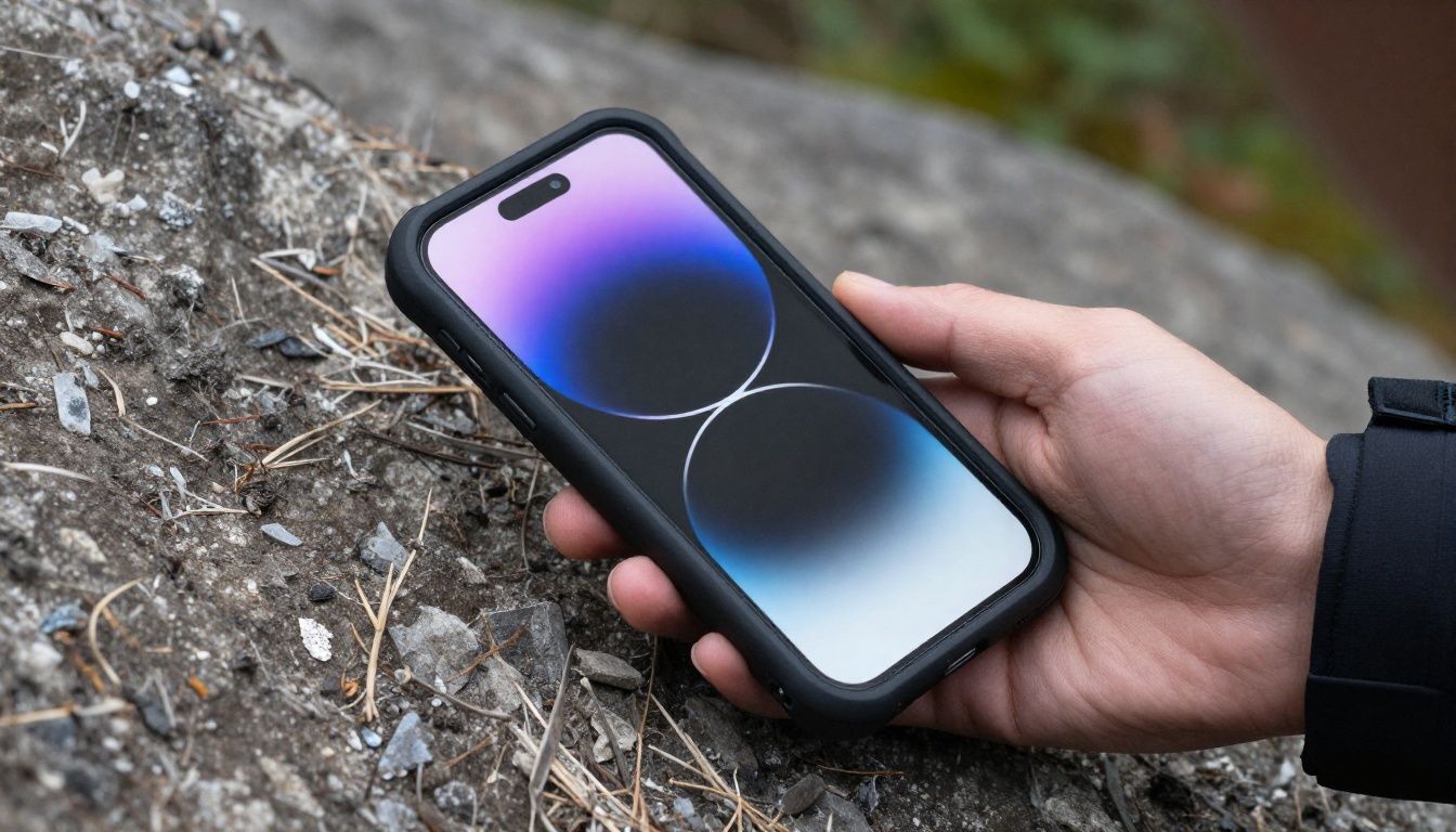 A person hiking in the Blue Mountains, checking their iPhone 15 Plus which is in a sturdy, protective case.