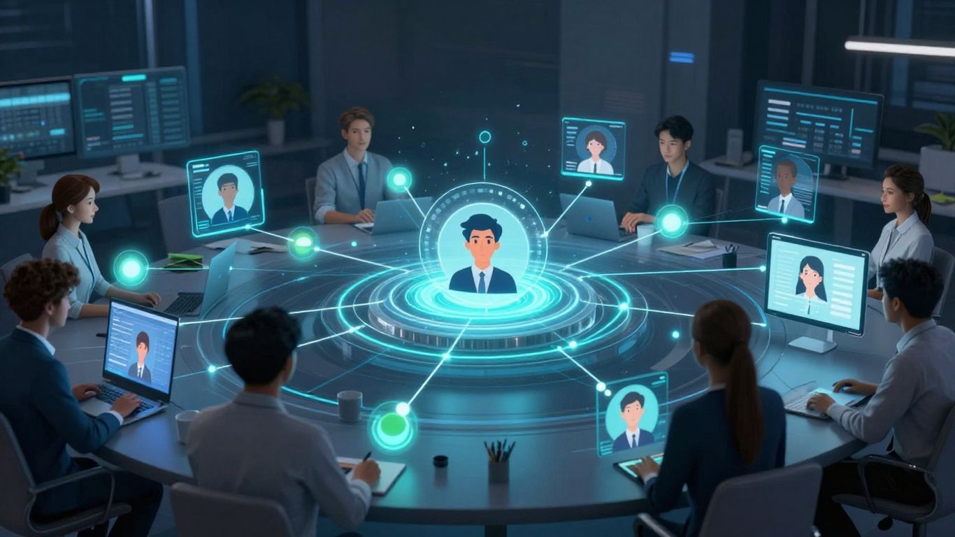 Modern digital workspace with avatars collaborating seamlessly.