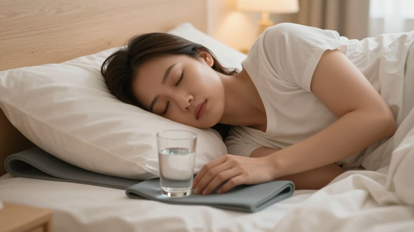 Pessoa dormindo tranquilamente na cama com iluminação suave.