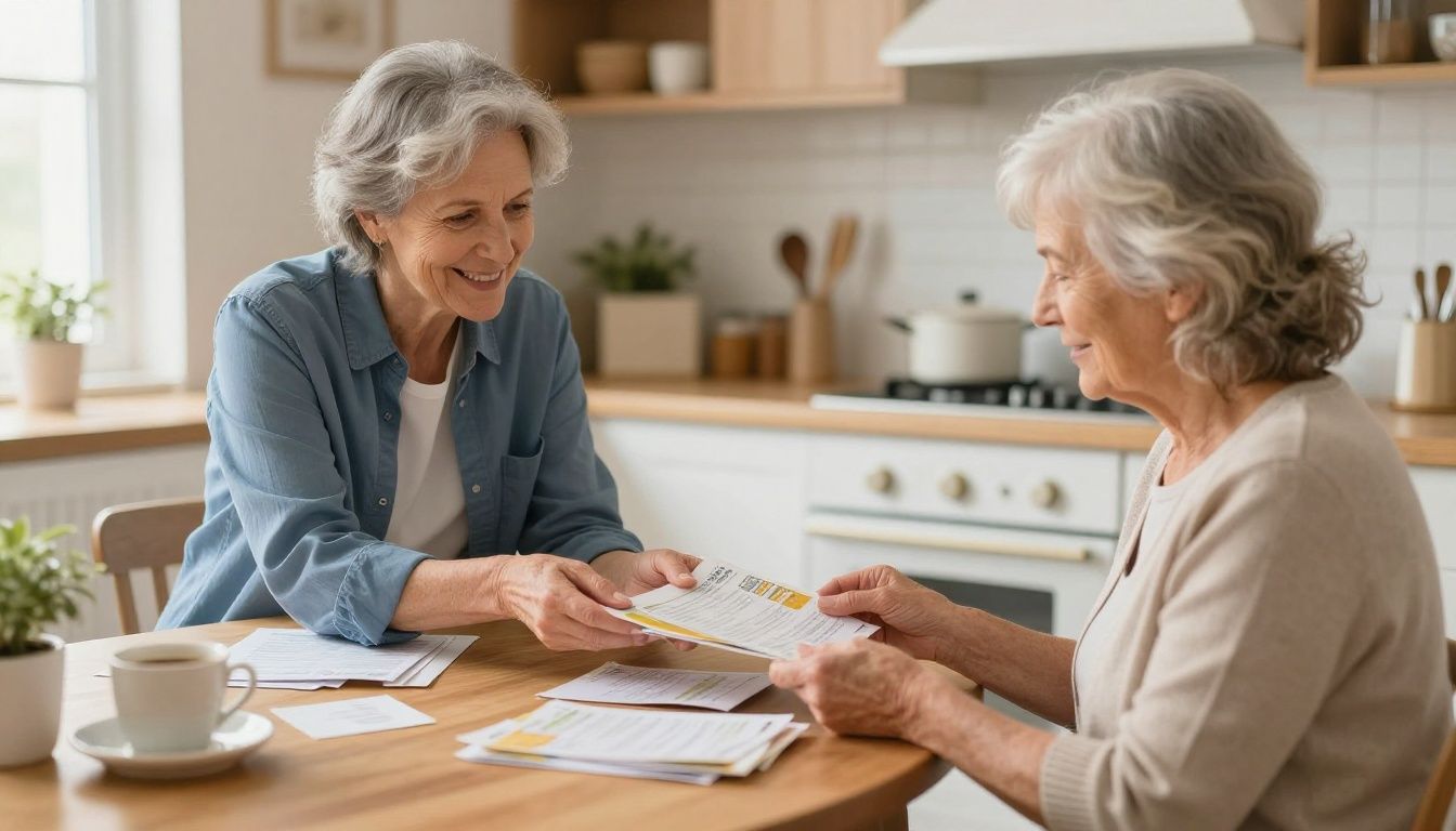 A compassionate home care aide assists an older woman with sorting her mail at a sunlit kitchen table, sharing a warm and friendly moment.