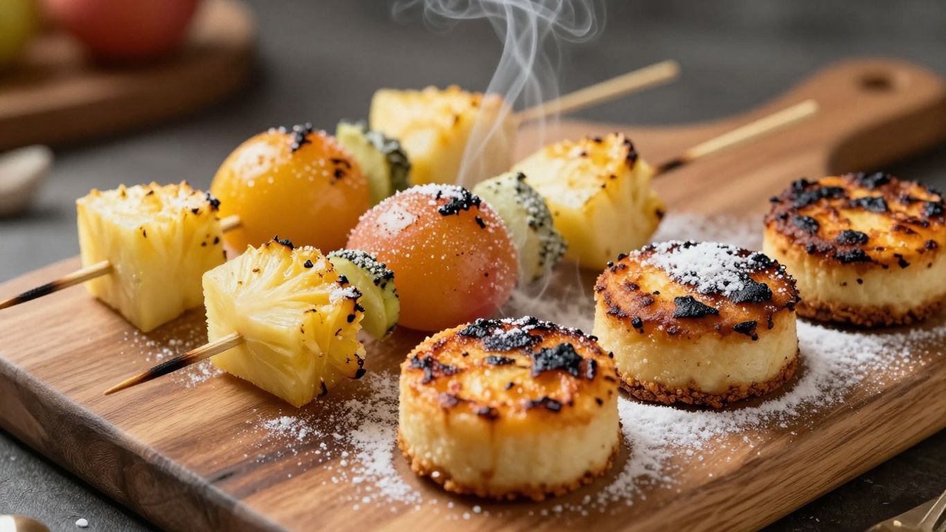Handheld grilled desserts on a wooden board.