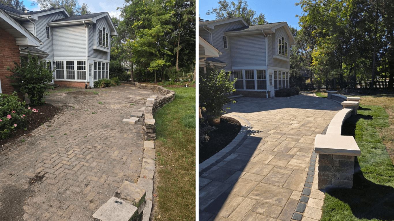 Before and after of a backyard patio renovation with new pavers.