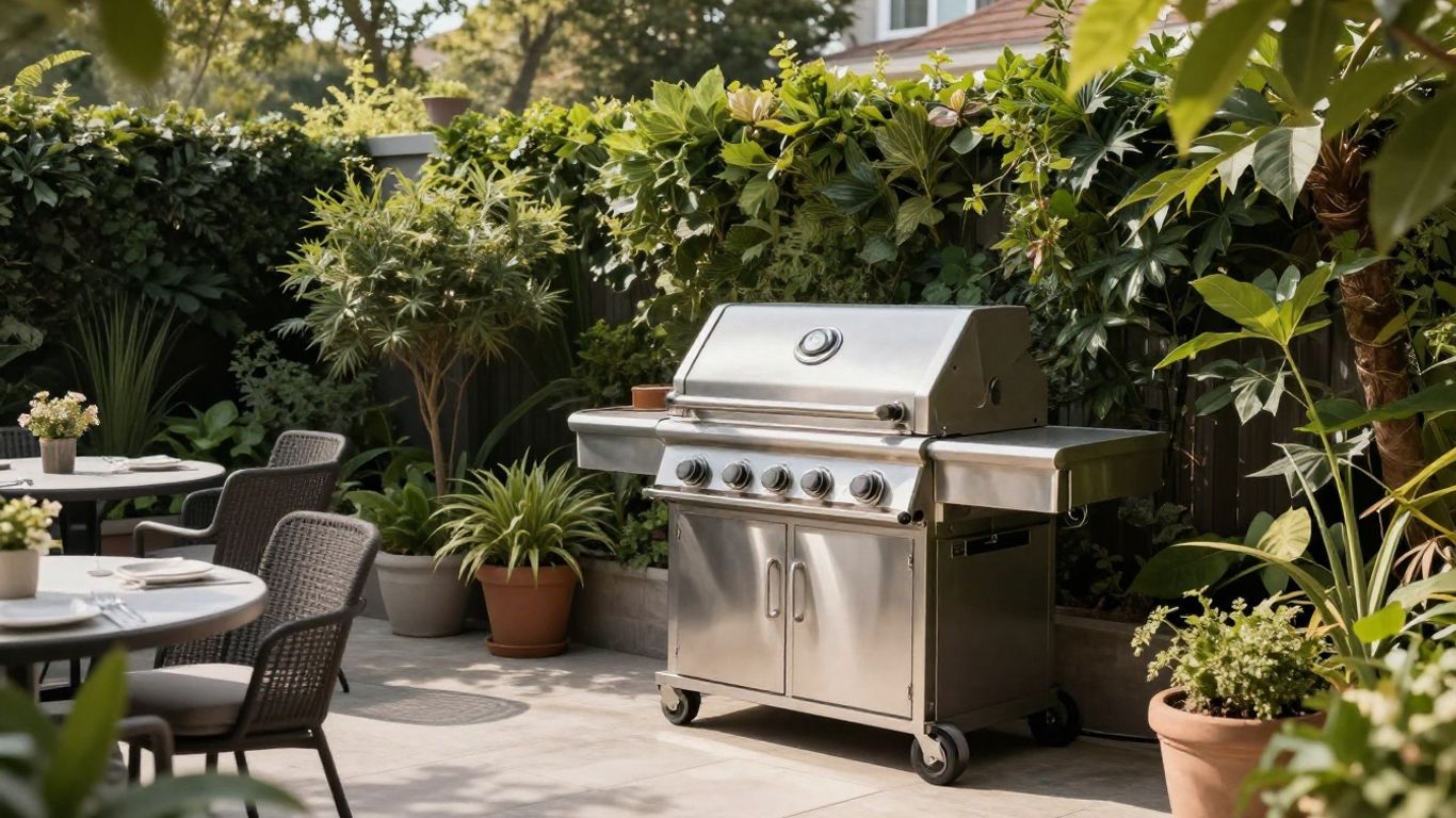 Parrilla moderna en patio de Airbnb con asientos al aire libre.