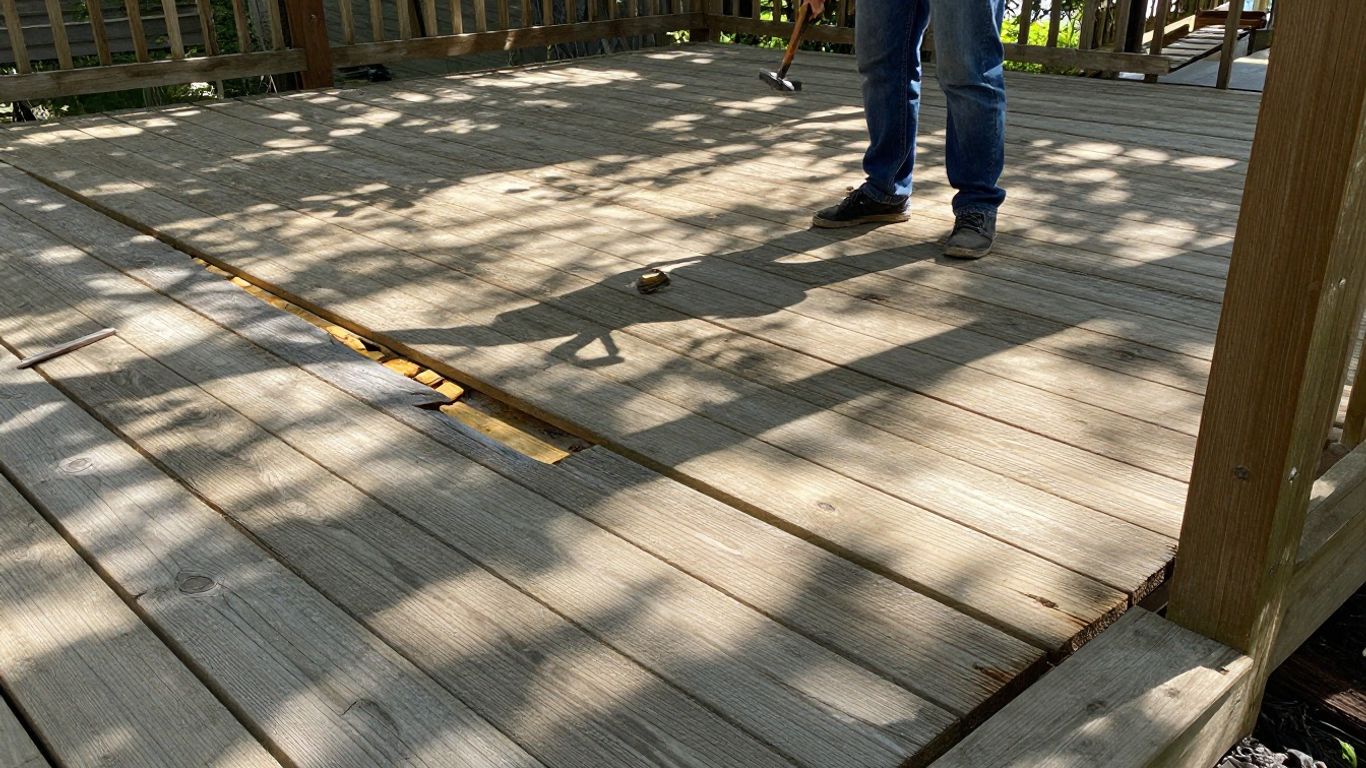 Weathered wooden deck needing replacement, homeowner inspecting.